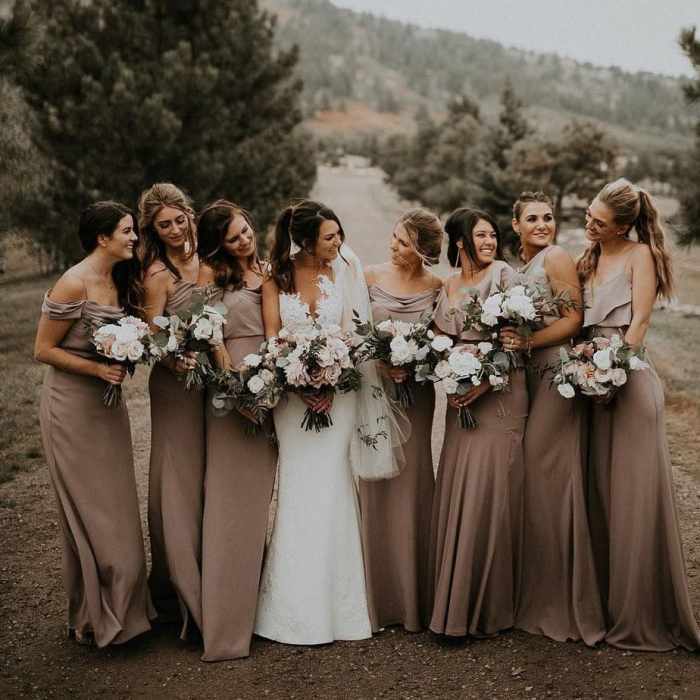 Brown satin wedding guest dress